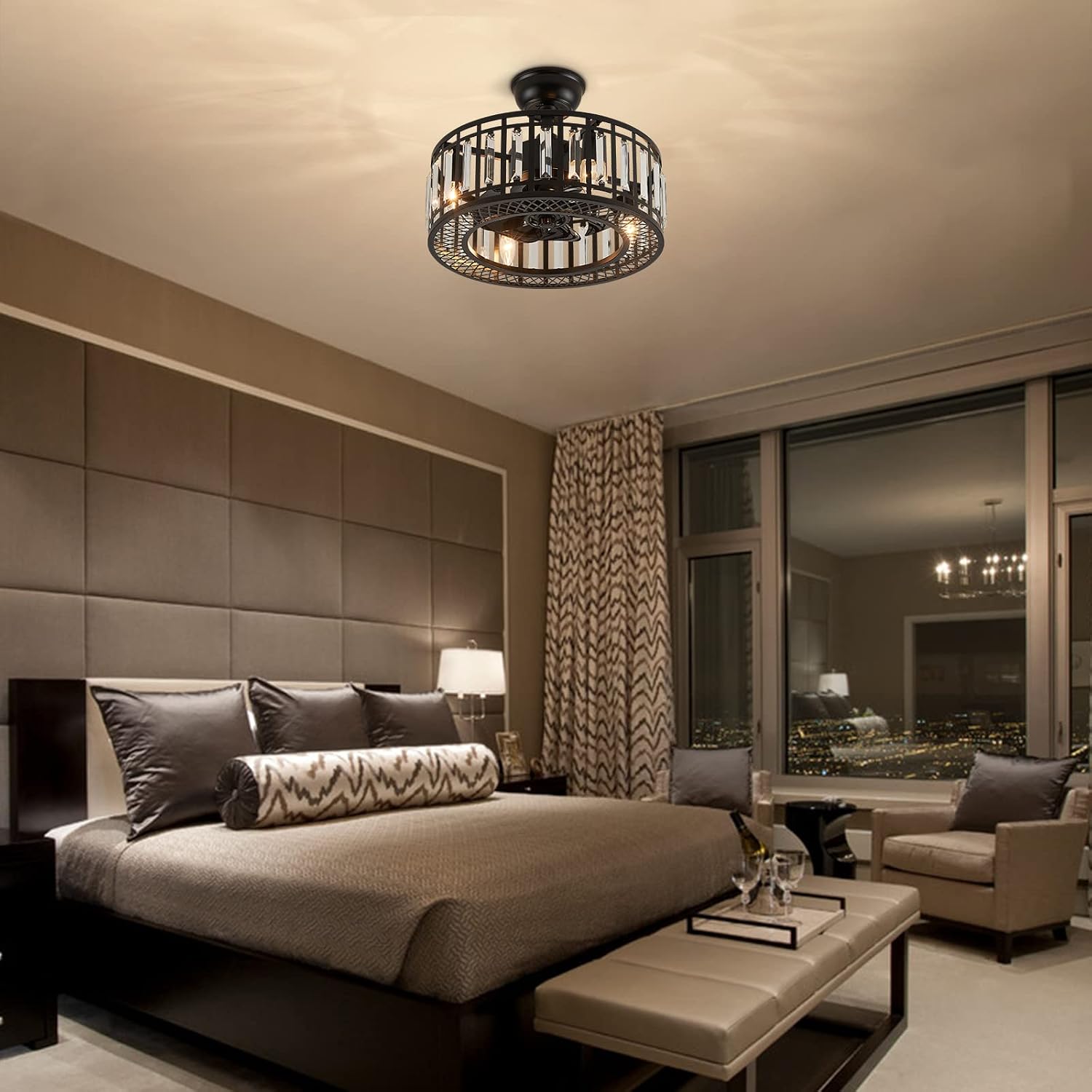18' Black Crystal Caged Ceiling Fan with Light and Remote, Industrial Caged Chandelier Fan 8-Blade Fandelier Modern Enclosed Ceiling Fan for Kitchen Dining Room Living Room