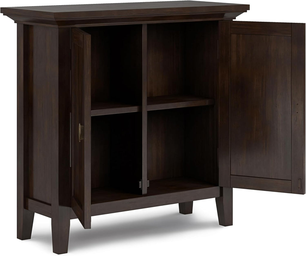 SIMPLIHOME Redmond Storage Cabinet - 32 inch Wide Solid Wood 2-Shelf Low Storage Cabinet in Brunette Brown, Transitional Accent Cabinet for Entryway with Adjustable Shelves and Tapered Legs
