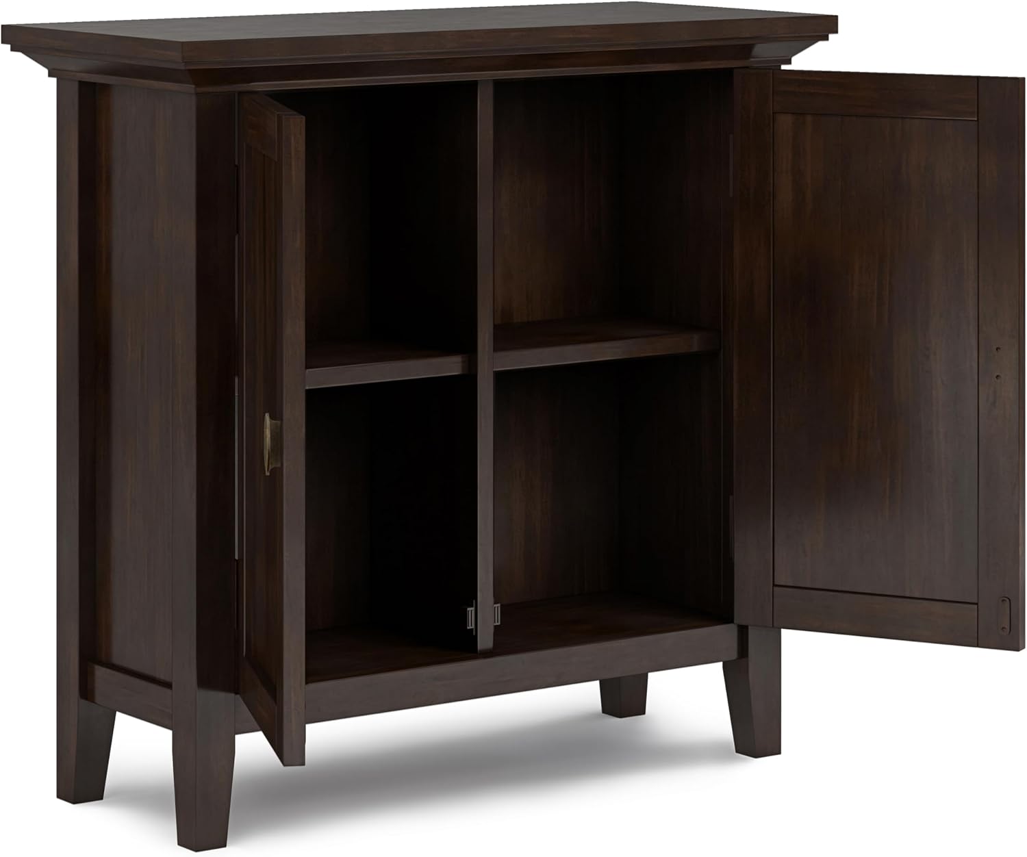 SIMPLIHOME Redmond Storage Cabinet - 32 inch Wide Solid Wood 2-Shelf Low Storage Cabinet in Brunette Brown, Transitional Accent Cabinet for Entryway with Adjustable Shelves and Tapered Legs