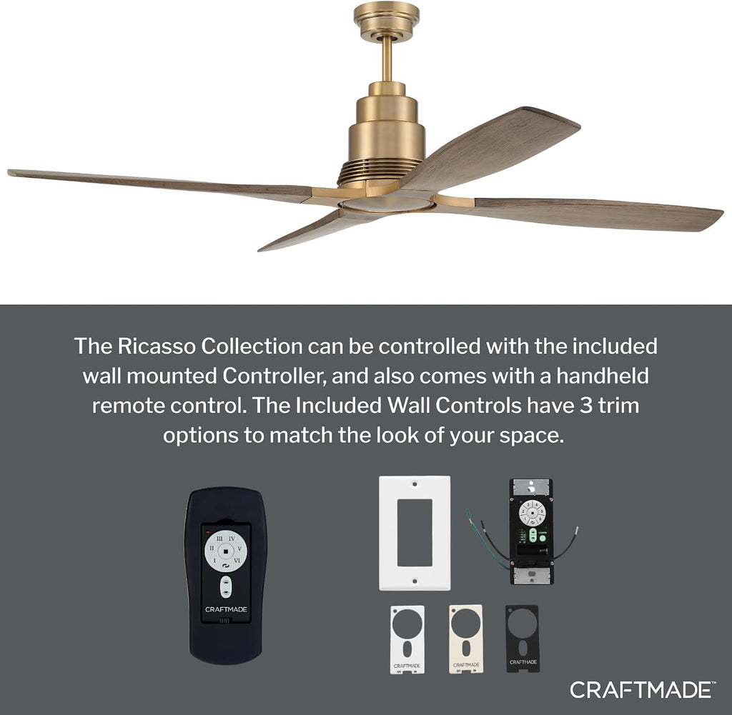 Craftmade RIC60SB4 | 60″ Satin Brass Ceiling Fan with Integrated LED Light (1005 Lumens, 3000K) | 4 or 2 - Blade Driftwood Finish | 6-Speed Reversible DC Motor | Dual-Mount Ceiling Fan | Indoor Use