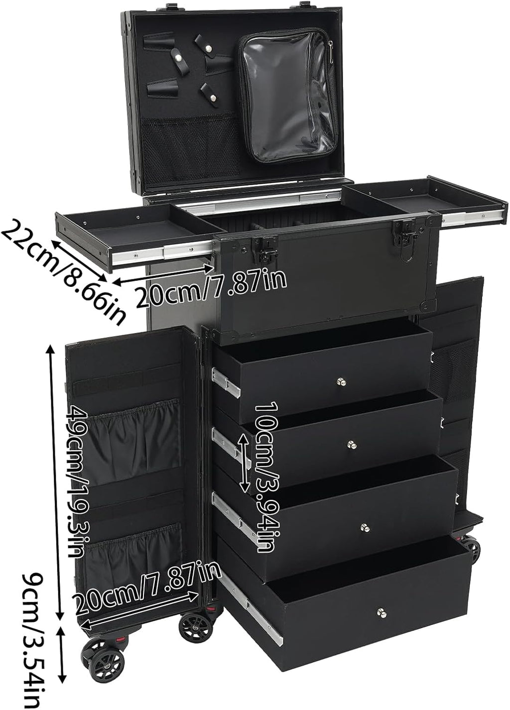 Rolling Makeup Train Case Professional Cosmetic Trolley Makeup Travel Organizer with Wheels Black 15.75 * 11.81 * 31.5in