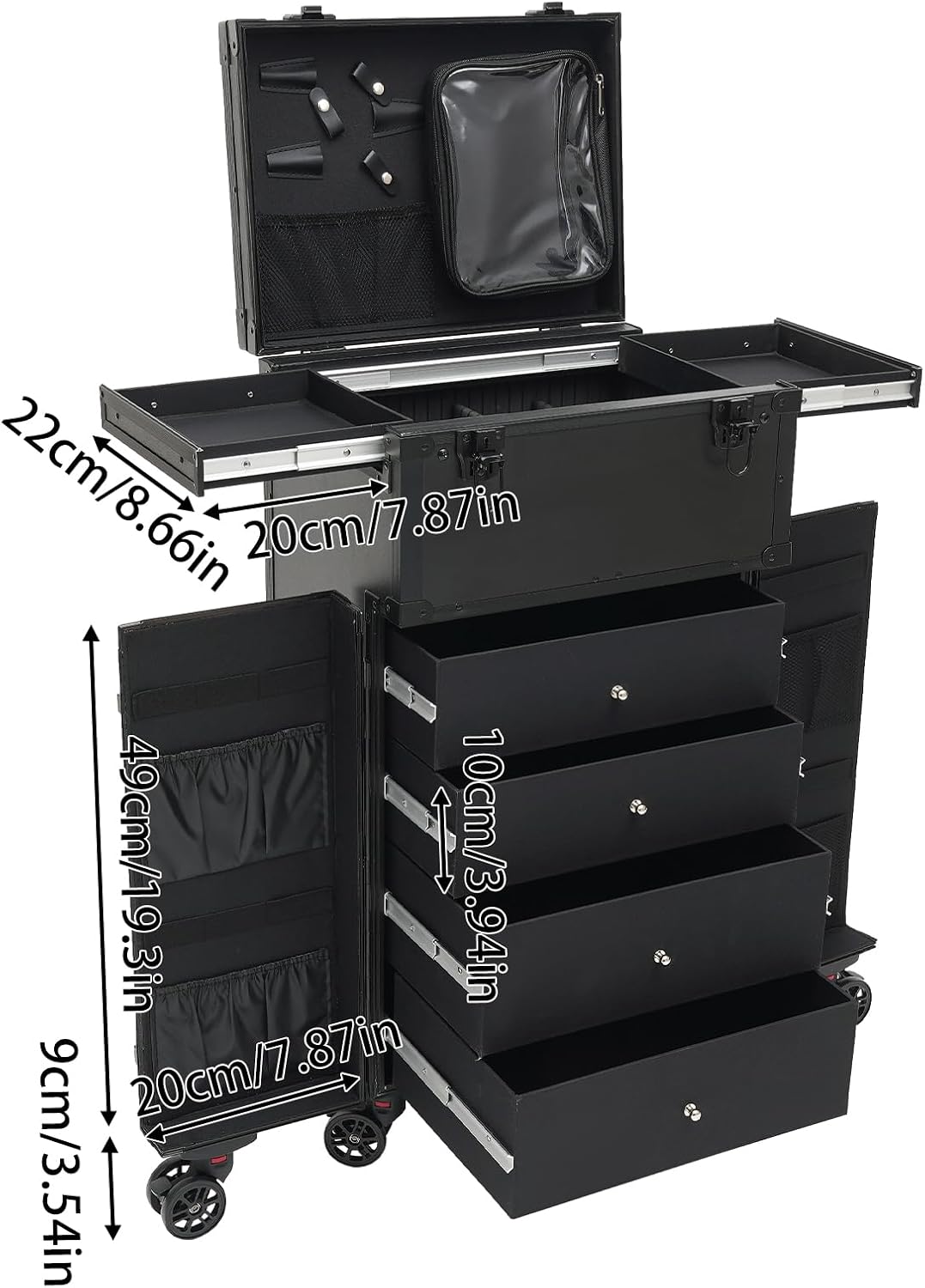 Rolling Makeup Train Case Professional Cosmetic Trolley Makeup Travel Organizer with Wheels Black 15.75 * 11.81 * 31.5in