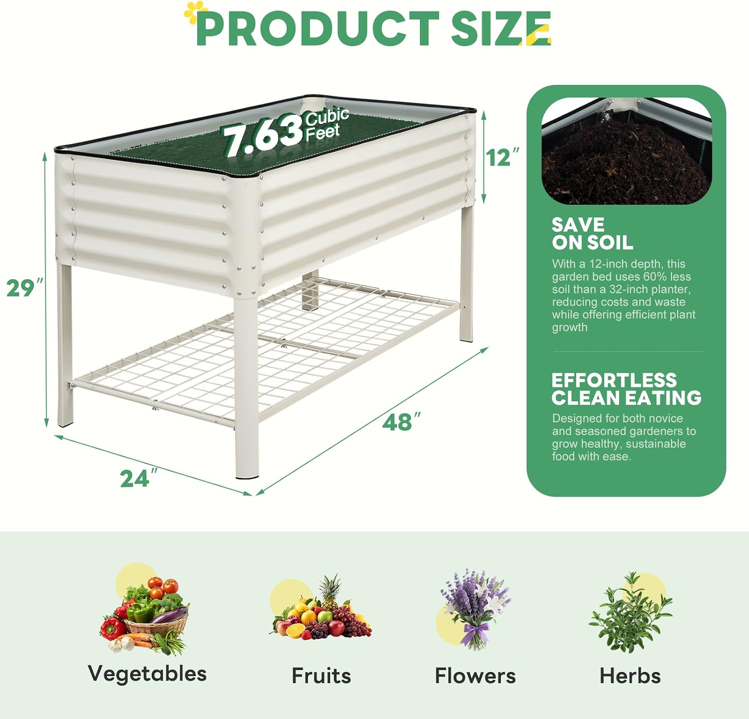 Elevated Raised Garden Bed with Legs - 48''x24''x32'' Galvanized Metal Standing Planter Boxes Outdoor with Bottom Storage Shelf for Backyard, Patio, Balcony, Vegetables, Flowers, White