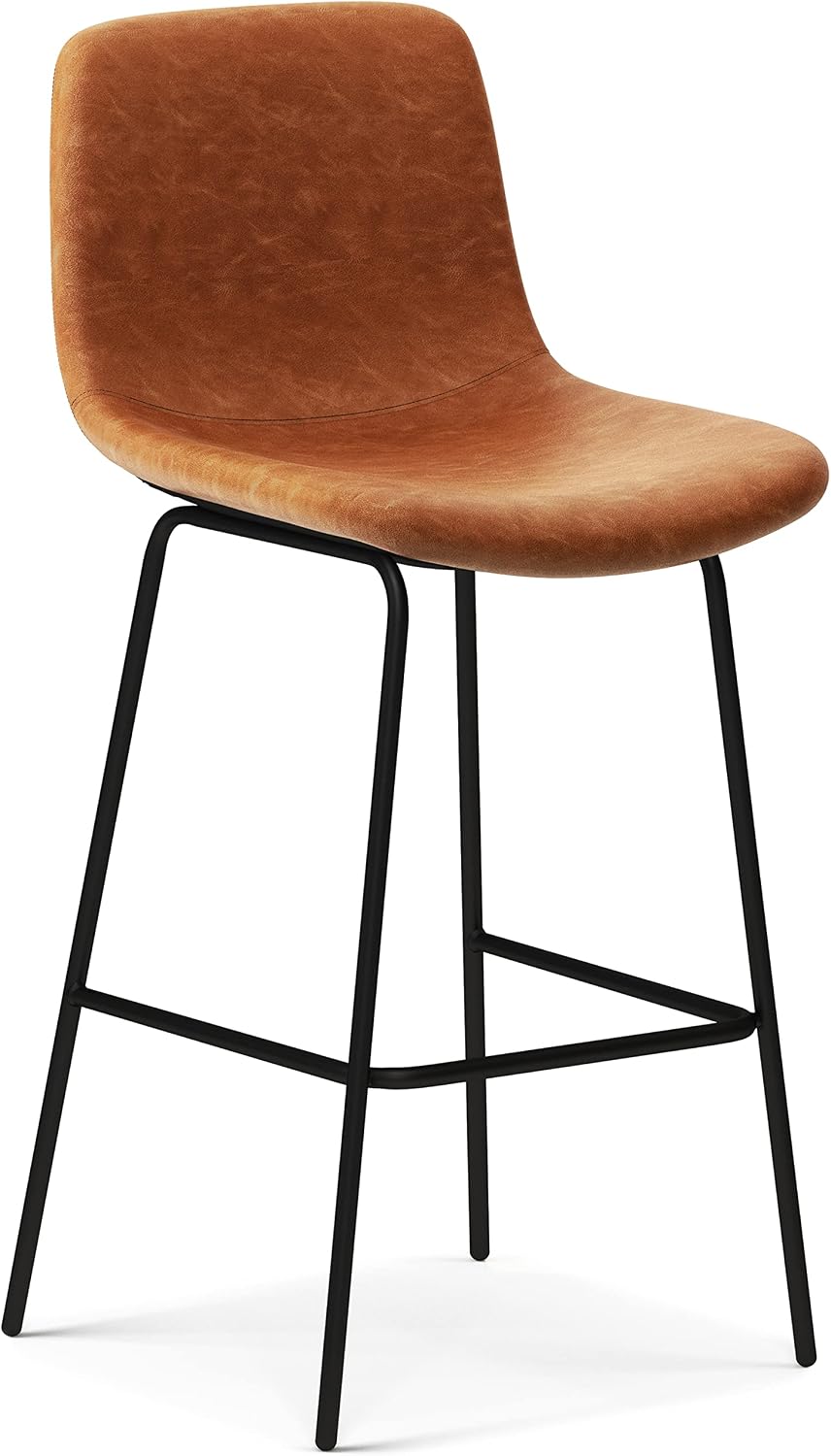 SIMPLIHOME Jolie Contemporary 28 inch Bar Stool (Set of 2) in Camel Brown Vegan Faux Leather for the Dining Room and Kitchen
