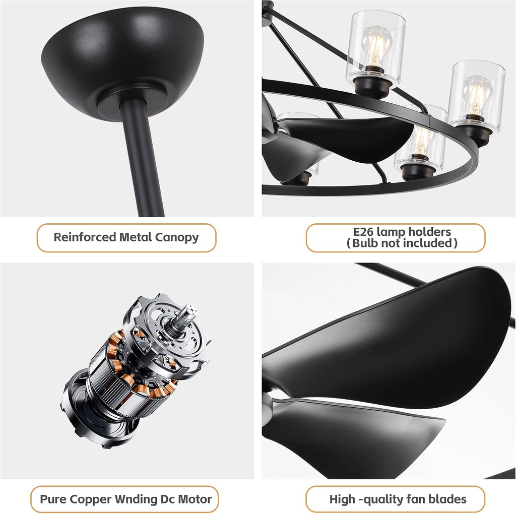 44' Large Ceiling Fans with Lights Wagon Wheel Chandelier, Farmhouse Fandelier Black Fans with Glass Lampshade Light Fixture,App control, 6 Speed, Timing, Adjustable Height for Dining Room Living Room