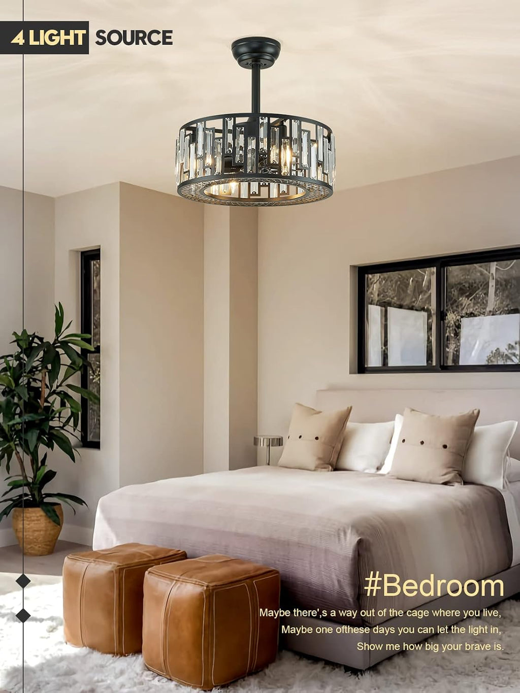 Crystal Caged Ceiling Fan Light Modern Black Fandelier with Remote Control Bladeless Ceiling Fan Lighting for Bedroom Dining Room Kitchen Living Room