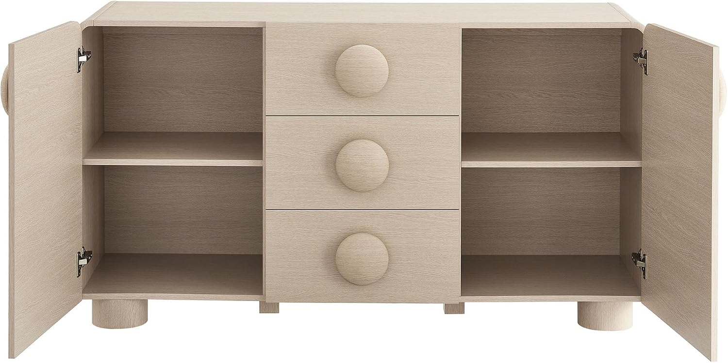 Modway Sonnet Retro Curved Sideboard in Ash – 57 Inch Modern Buffet Cabinet with Circle Knobs – Credenza Cabinet with 3 Drawers – TV Stand Media Cabinet for Living Room, Home Office, Lounge Area