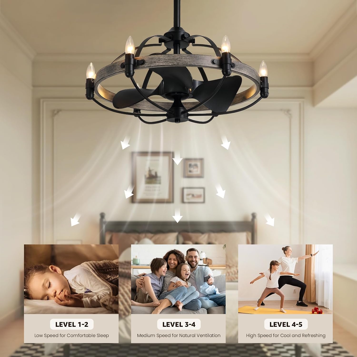 27'' Farmhouse Cage Ceiling Fan with Light Remote Control, Ash Brown Rustic Ceiling Fan with Lights,Vintage Chandelier Fan for Kitchen Dining Room Living Room