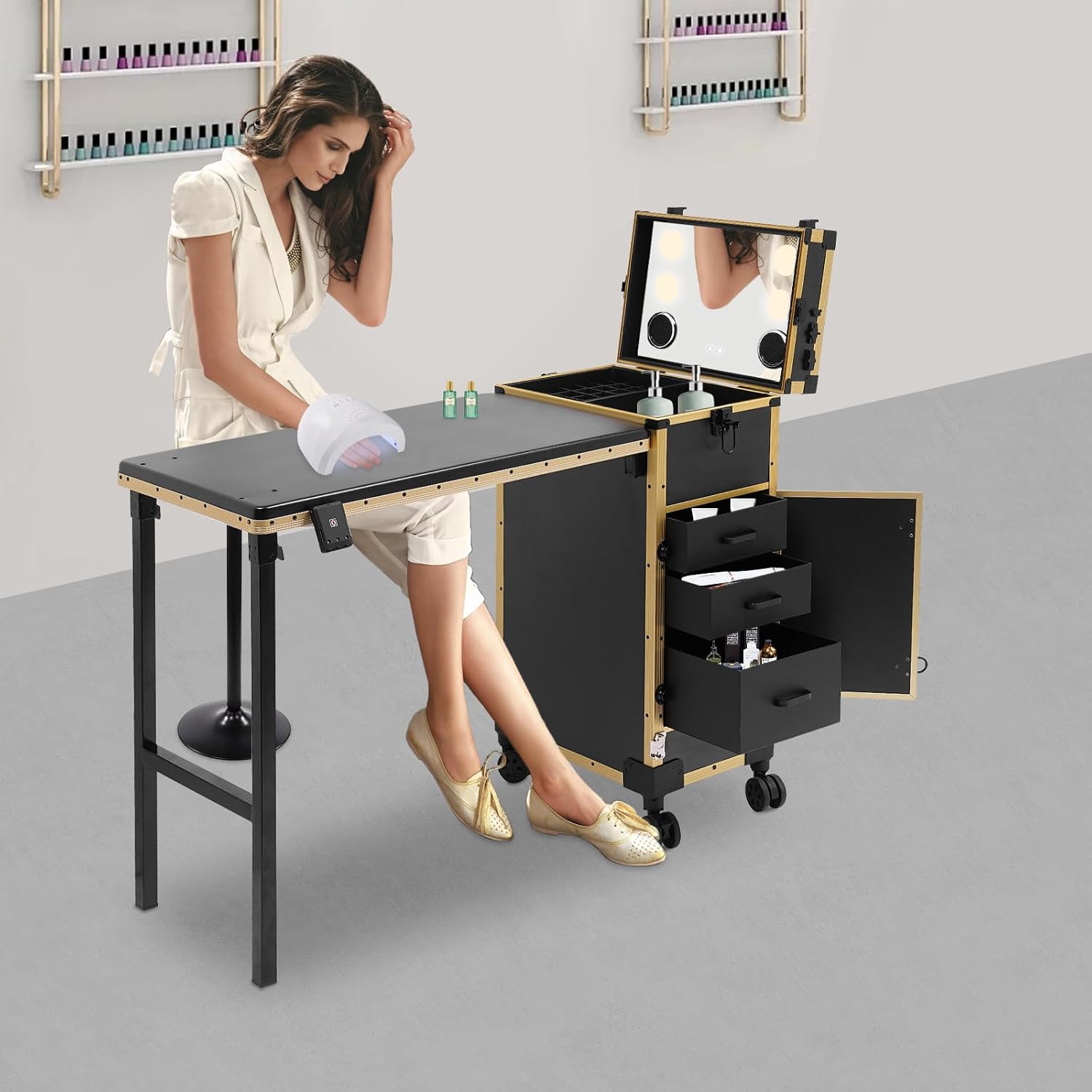 Professional Rolling Makeup Case, Foldable Nail Tables with Detachable Lighted Mirror, Travel Cosmetic Trolley Storage Organizer with Drawers & Bluetooth Speaker, Manicure for Artist (Black, Gold)