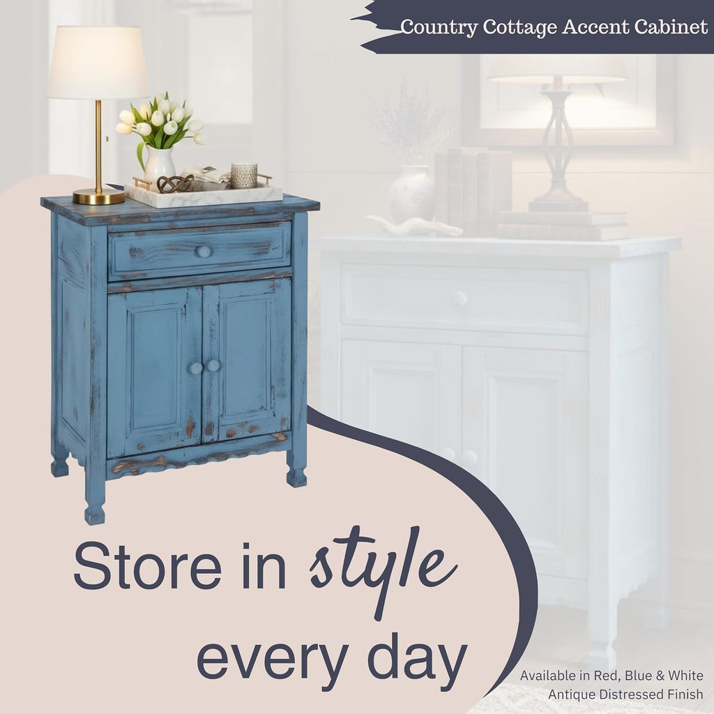Alaterre Furniture Country Cottage Accent Cabinet with Drawer, Adjustable Shelf & 2 Doors – Rustic Farmhouse Sideboard Buffet Storage Cabinet for Living Room, Dining Room or Entryway (Blue Antique)