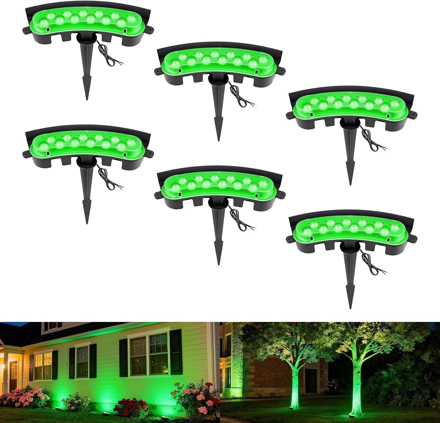 Green Color Flood Lights Low Voltage, 9W 12V LED Hard Wired Landscape Flood Wall Washer Lights Outdoor Waterproof for Uplighting Tree House, Super Bright, Aluminum, Black, 6Pack