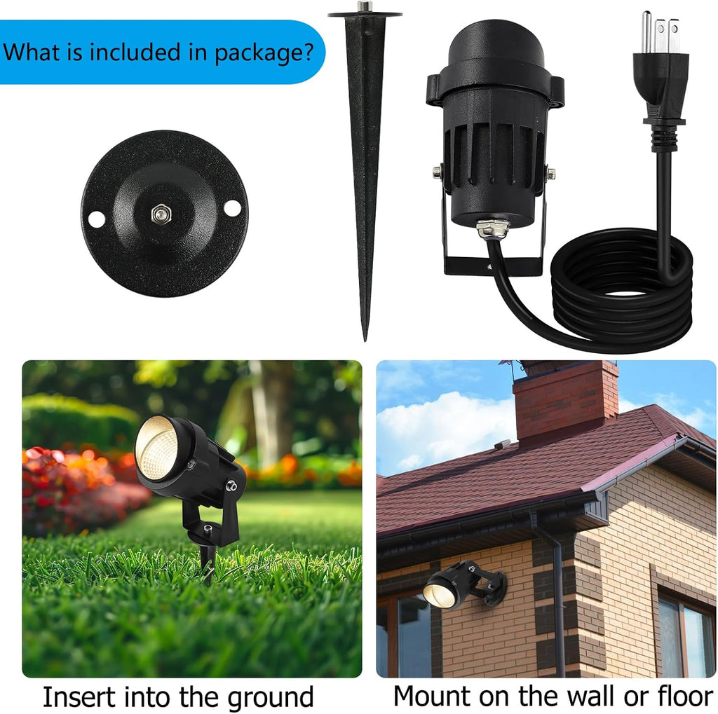8 Pack 7W 3CCT Outdoor LED Landscape Spotlights 110V-220V | USA Plug and Hardwired, High Brightness 700LM, IP65 Waterproof, Spiked Tree Uplights, Landscape Lights for Pathway Garden