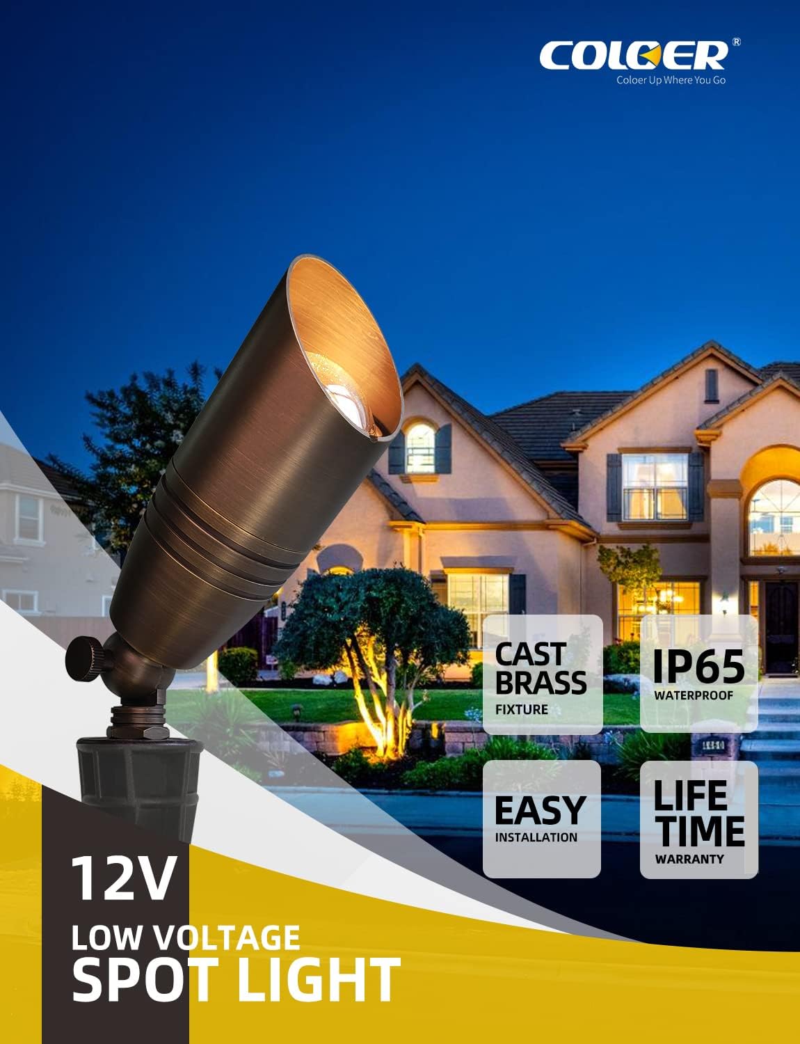 COLOER Brass Landscape Spotlights, 6 Pack Landscape Light Fixture with 5W Aluminum Housing MR16 LED Bulb 2700K 450LM,12V AC/DC Low Voltage Outdoor Spot Lighting,Uplight for Garden and Patio(102B)