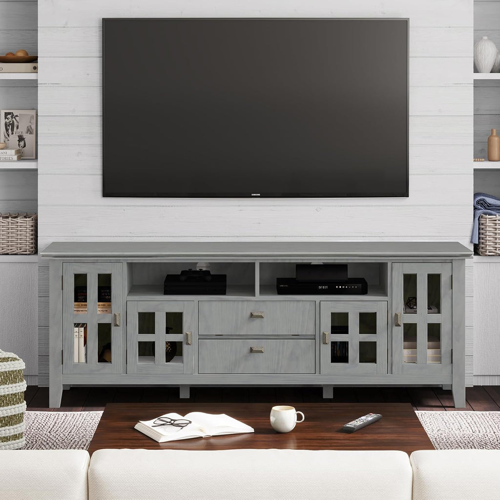 SIMPLIHOME Artisan TV Stand - 72 inch Wide Solid Wood Media Console in Fog Grey, Contemporary Entertainment Center for Living Room for TVs up to 80 Inches with Glass Cabinets and Cable Management
