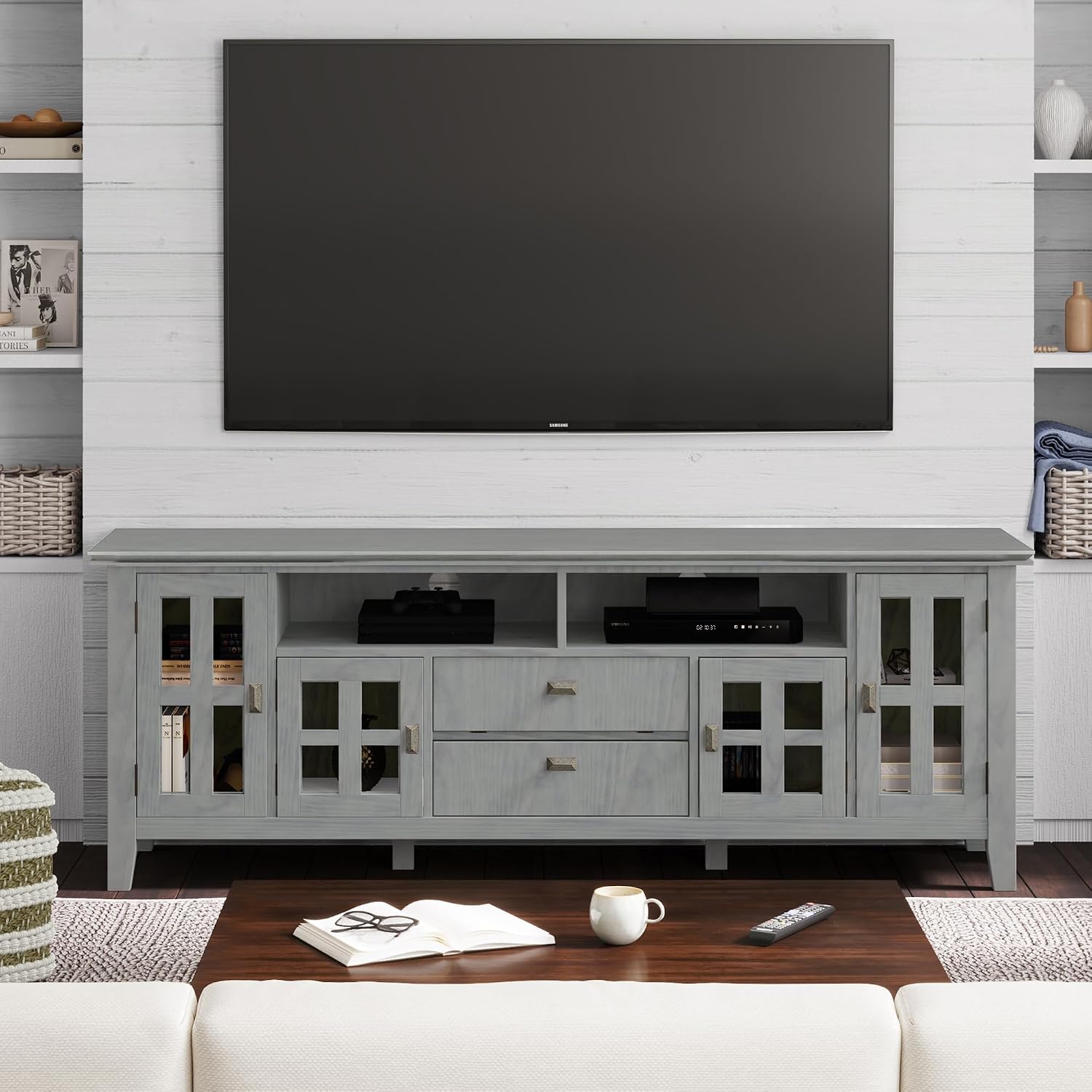 SIMPLIHOME Artisan TV Stand - 72 inch Wide Solid Wood Media Console in Fog Grey, Contemporary Entertainment Center for Living Room for TVs up to 80 Inches with Glass Cabinets and Cable Management