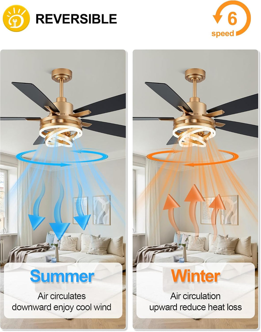 Dawn Whisper 52' Gold Ceilling Fans with Lights Modern Chandelier Fan Fandelier Ceiling Fan with Light for Bedroom, Living Room DC Motor Reversible Dimmable LED