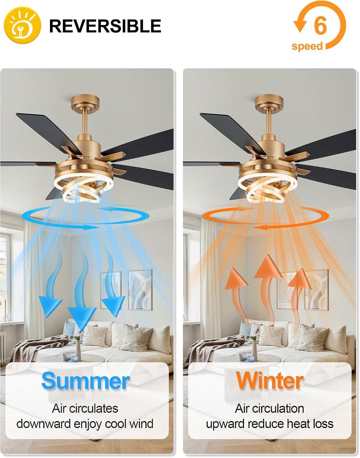 Dawn Whisper 52' Gold Ceilling Fans with Lights Modern Chandelier Fan Fandelier Ceiling Fan with Light for Bedroom, Living Room DC Motor Reversible Dimmable LED