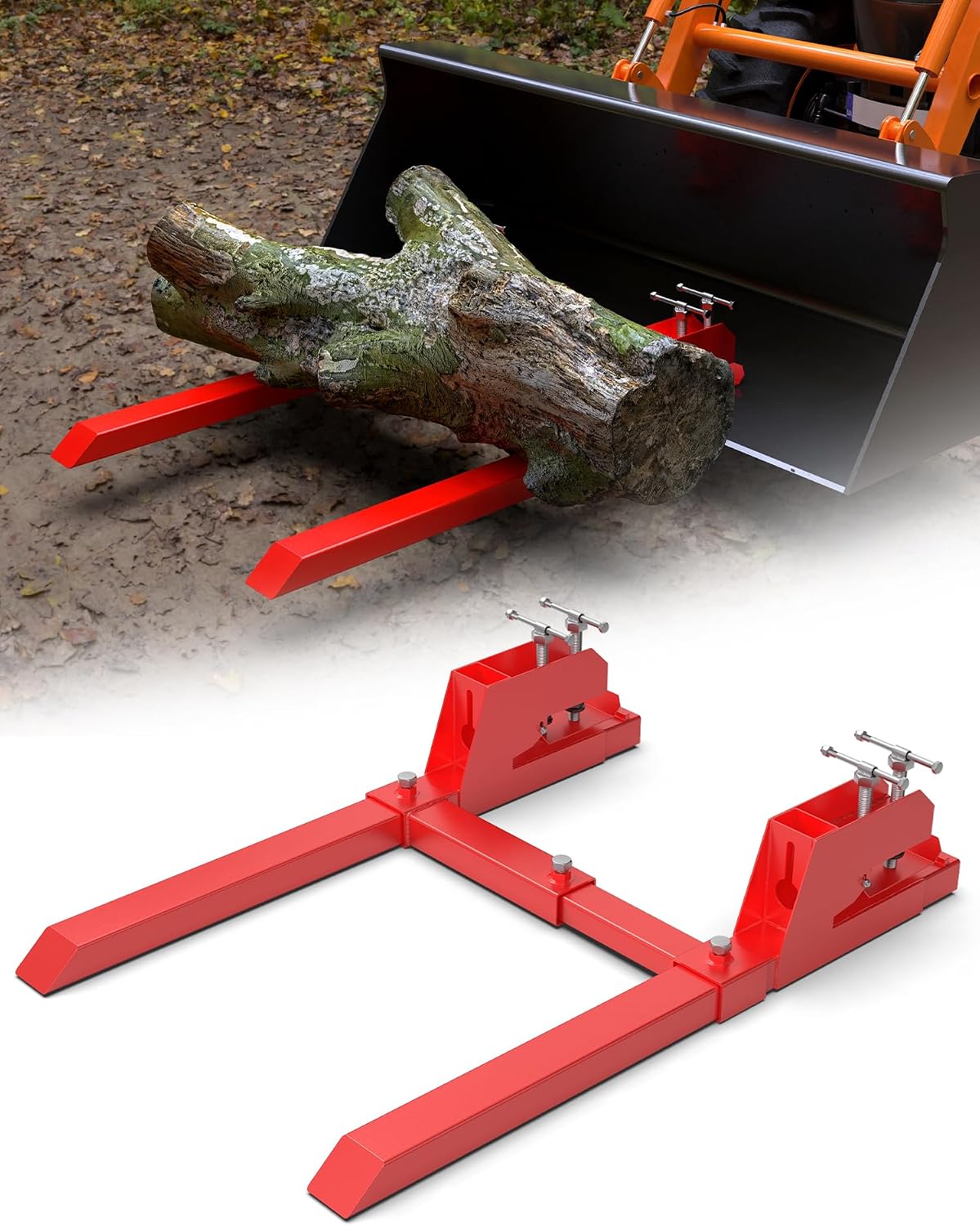 Upgraded 43' Tractor Bucket Forks,Clamp on Pallet Forks with Anti-Slip Tongue 2000LBS,Twin Screw Design,Adjustable Stabilizer Bar,Heavy Duty Skid Steer Pallet Forks for Tractor Bucket Loader, Red