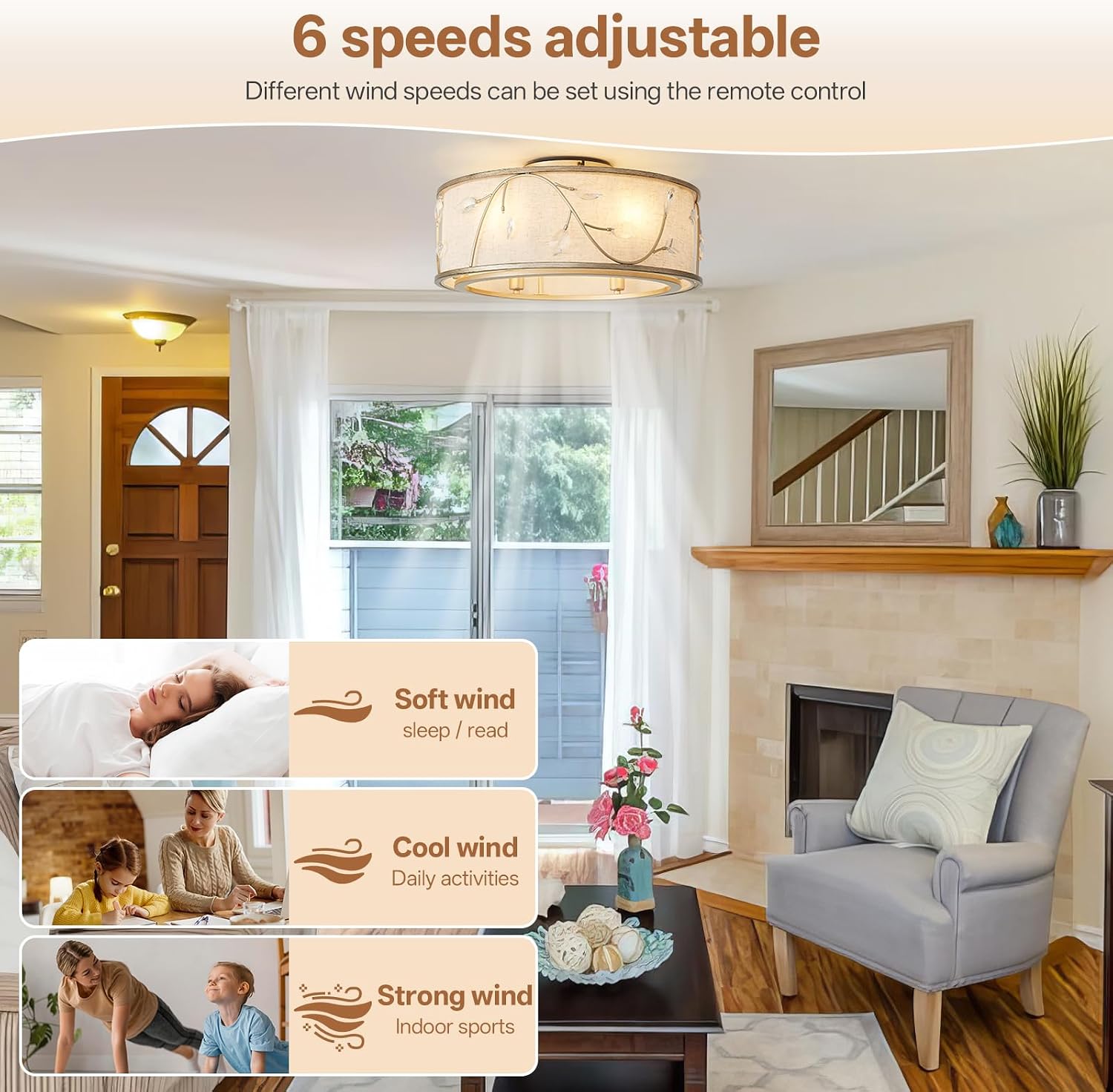 Caged Flush Mount Ceiling Fans with Lights, 20' Gold Boho Ceiling Fan, Low Profile Crystal Ceiling Fan with Light Remote Control, Small Mid Century Bladeless for Bedroom(6 E12 Bulb Include)