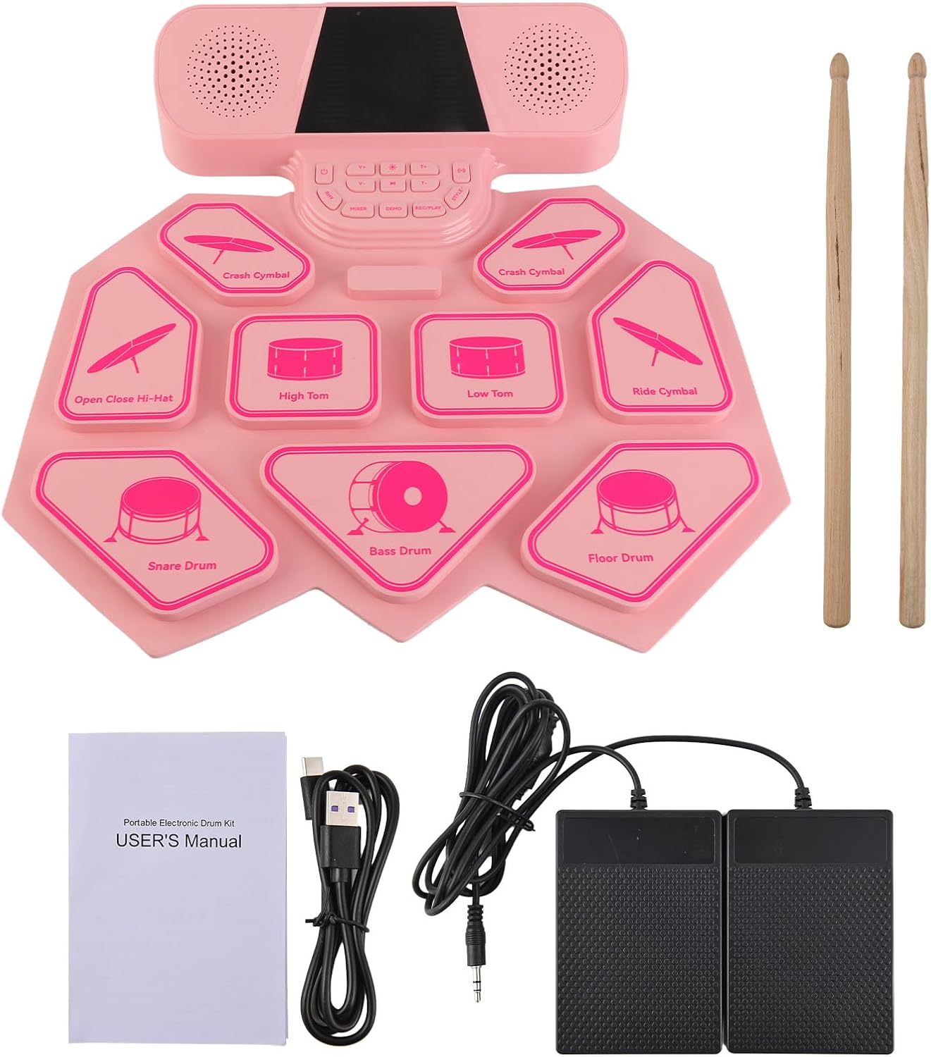 Eujgoov DM300 Dual Speaker Color Electronic Drums Extra Thick Percussion Pad Silicone Hand Rolled Electronic Drums 9 DrumPads with Mallet Foot Pedal MIDI Phantom Light Function (Pink)