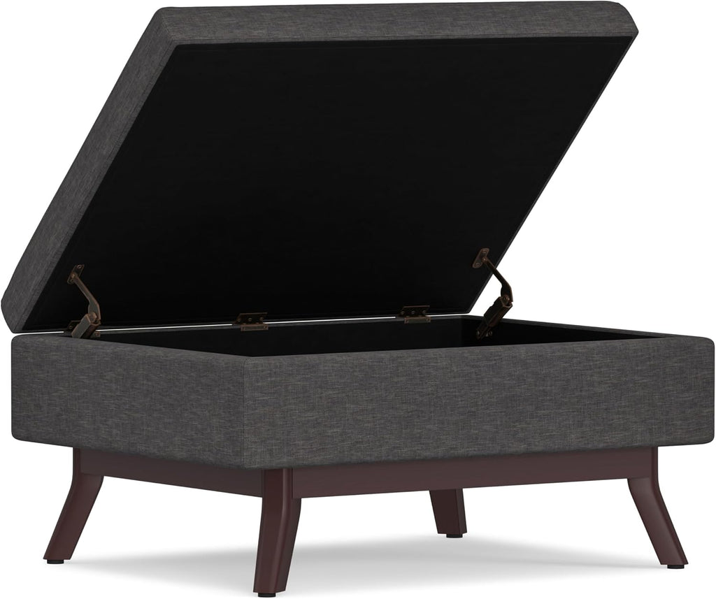 SIMPLIHOME Owen Coffee Table Storage Ottoman - 34' Wide x 19' High Upholstered Linen Look Fabric Rectangular Lift-Top Ottoman in Slate Grey, Mid-Century Modern Bench for Living Room with Tapered Legs