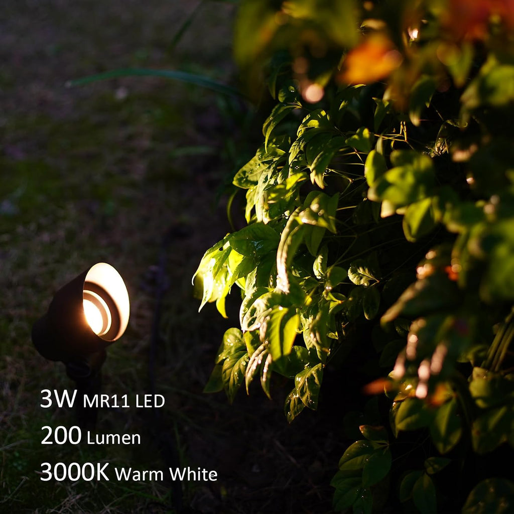 GOODSMANN Metal Landscape Lighting Kit 8PK Hardwired Low Voltage Spotlights 12V AC 3W LED Outdoor Spot Lights 200 Lumen Warm White with Replaceable Bulbs Stakes and Connectors