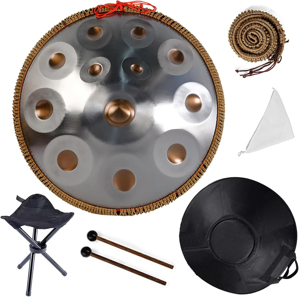 Steel Drum Handpan 22 Inches Adults Hand Pan Drum D Minor Kurd 432/440Hz 9/10/12 Notes Hand Pan Drums Instrument with Soft Bag, Mallets, Stand(432HZ/12Note)
