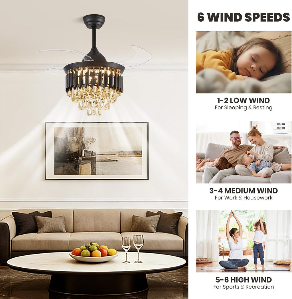 36 Inch Luxury Crystal Ceiling Fan with Light, Dimmable Ceiling Fans with Lights and Remote, Luxury Retractable Chandelier Fan for Living Room Dinning Room Kitchen