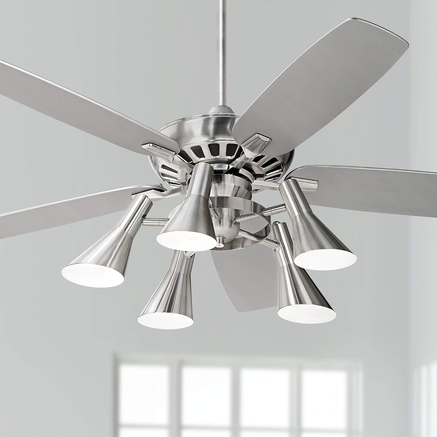 Casa Vieja 52' Journey Modern Industrial Indoor Ceiling Fan with Light Kit LED Dimmable Remote Control Brushed Nickel Blade 5-Light for House Bedroom Living Room Home Kitchen Dining Office