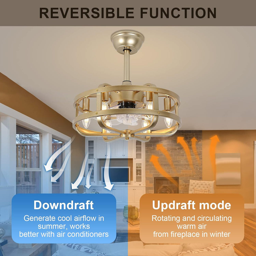 18' Gold Bladeless Ceiling Fan with Light, Caged Fandelier with Remote Control, 6-Speed Reversible Motor, Low Profile for Bedroom, Kitchen, Dining Room