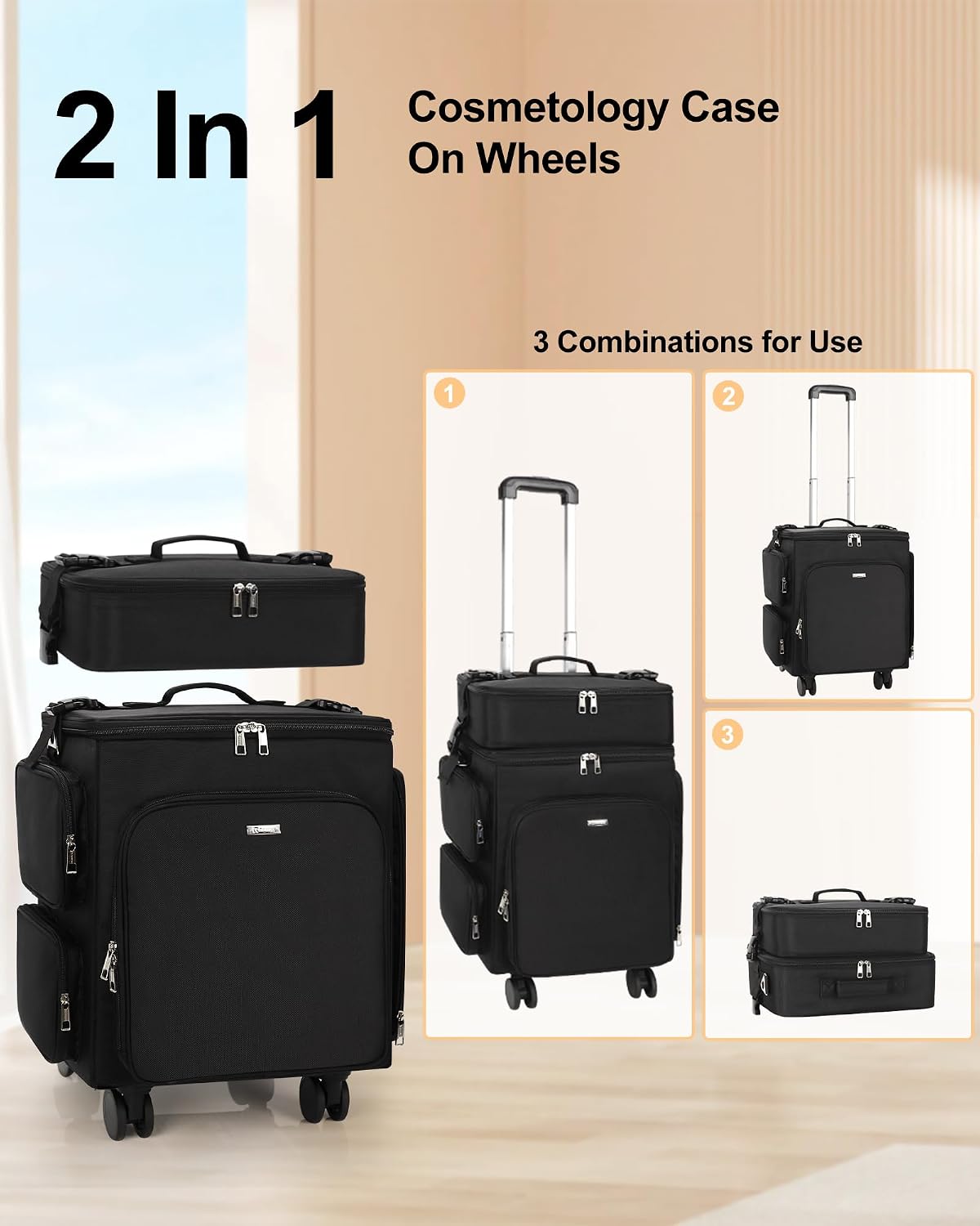 Relavel Rolling Makeup Case, 2 in 1 Hairstylist Traveling Bag Cosmetology Case on Wheels Large Hair Tools Cosmetics Train Case Makeup Artist Storage Organizer Trolley Suitcase with 360° Swivel Wheels