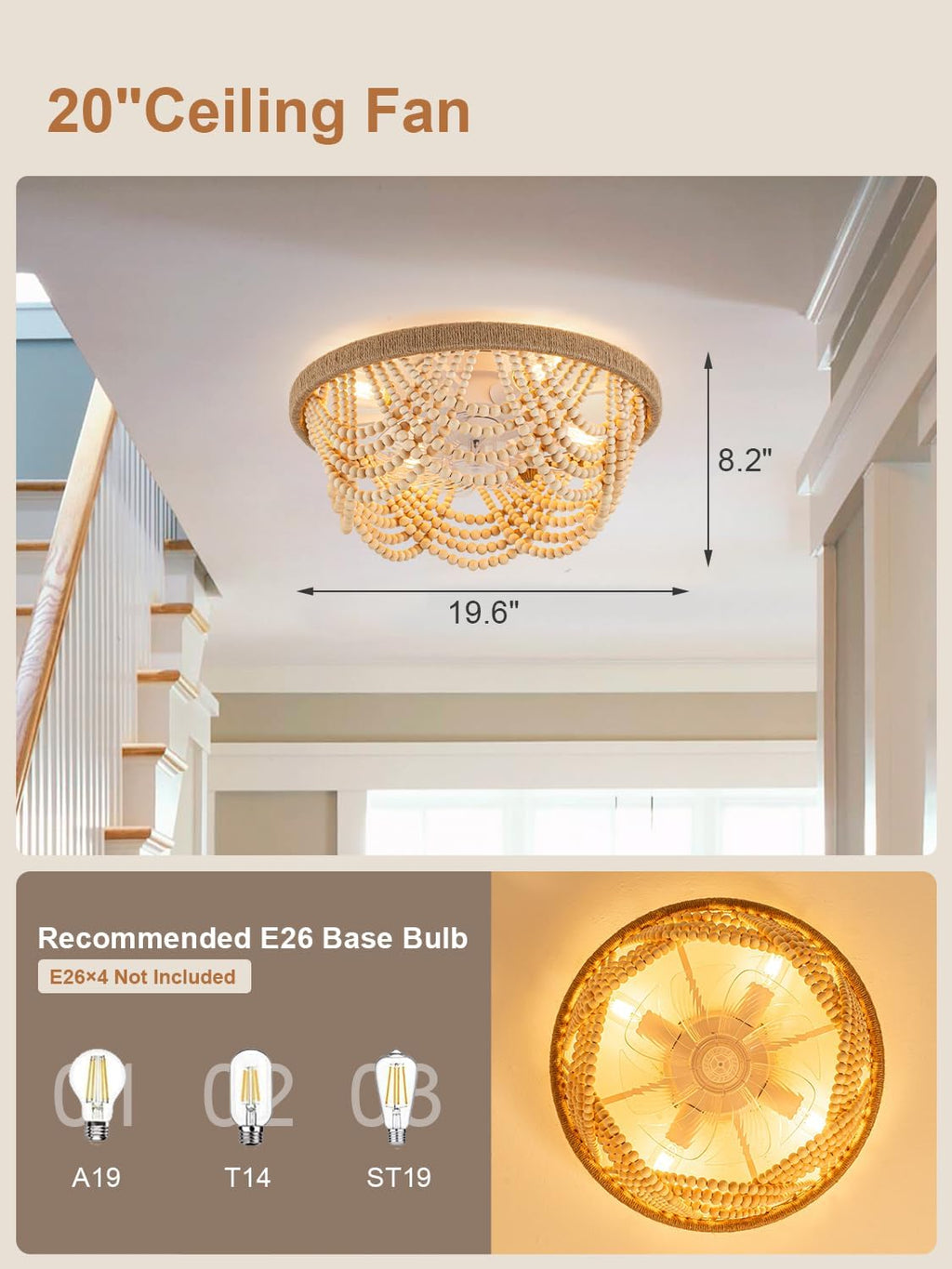 20' Boho Fandelier Ceiling Fan with Light, Flush Mount Low Profile Ceiling Fan Handcrafted Beaded for Bedroom, Living Room