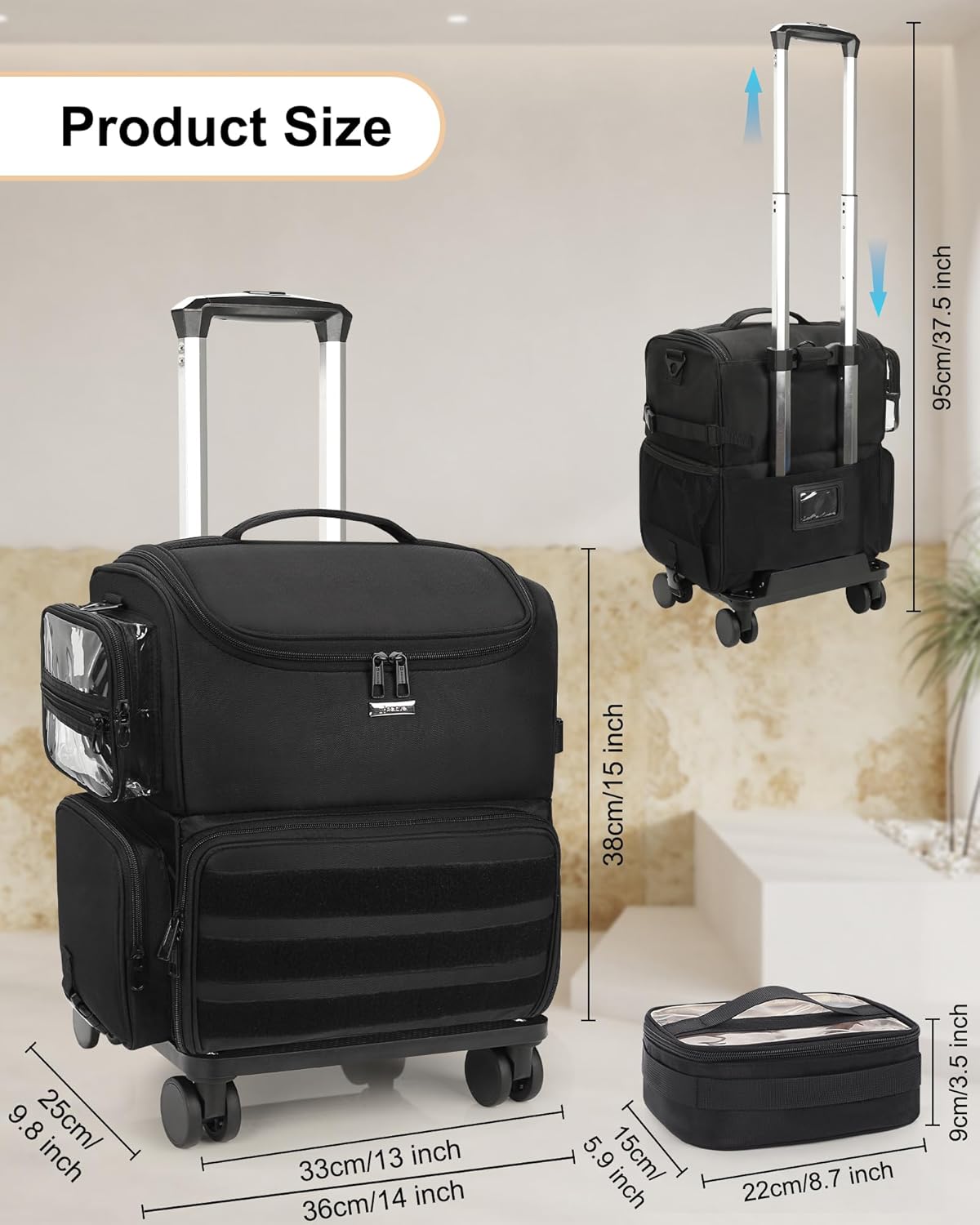 Relavel Rolling Makeup Train Case, Cosmetology Case on Wheels with 4 Clear Bags, Professional Makeup Artist Set Bags Cosmetic Storage Organizer with Adjustable Dividers, 360° Spinner Wheels, Black