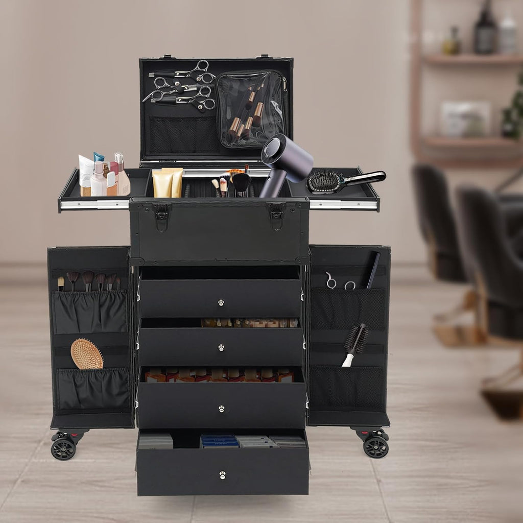 Rolling Makeup Train Case Professional Cosmetic Trolley Makeup Travel Organizer with Wheels Black 15.75 * 11.81 * 31.5in