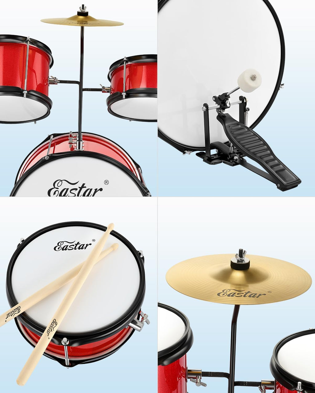 Eastar Drum Set for Kids and Beginners, 3-Piece 14'' Drum Kit with Adjustable Throne, Cymbal, Pedal & Two Pairs of Drumsticks, Junior Drum Set with Bass Tom Snare Drum, Metallic Red
