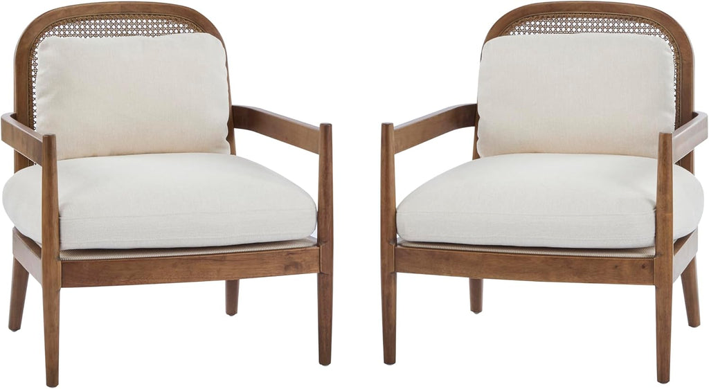 Christopher Knight Home Nadine Modern Club Chair Set of 2 with Cushion, Wooden Living Room Accent Chair with Rattan Open Back, Bedroom Comfy Reading Chair, Beige+Light Brown