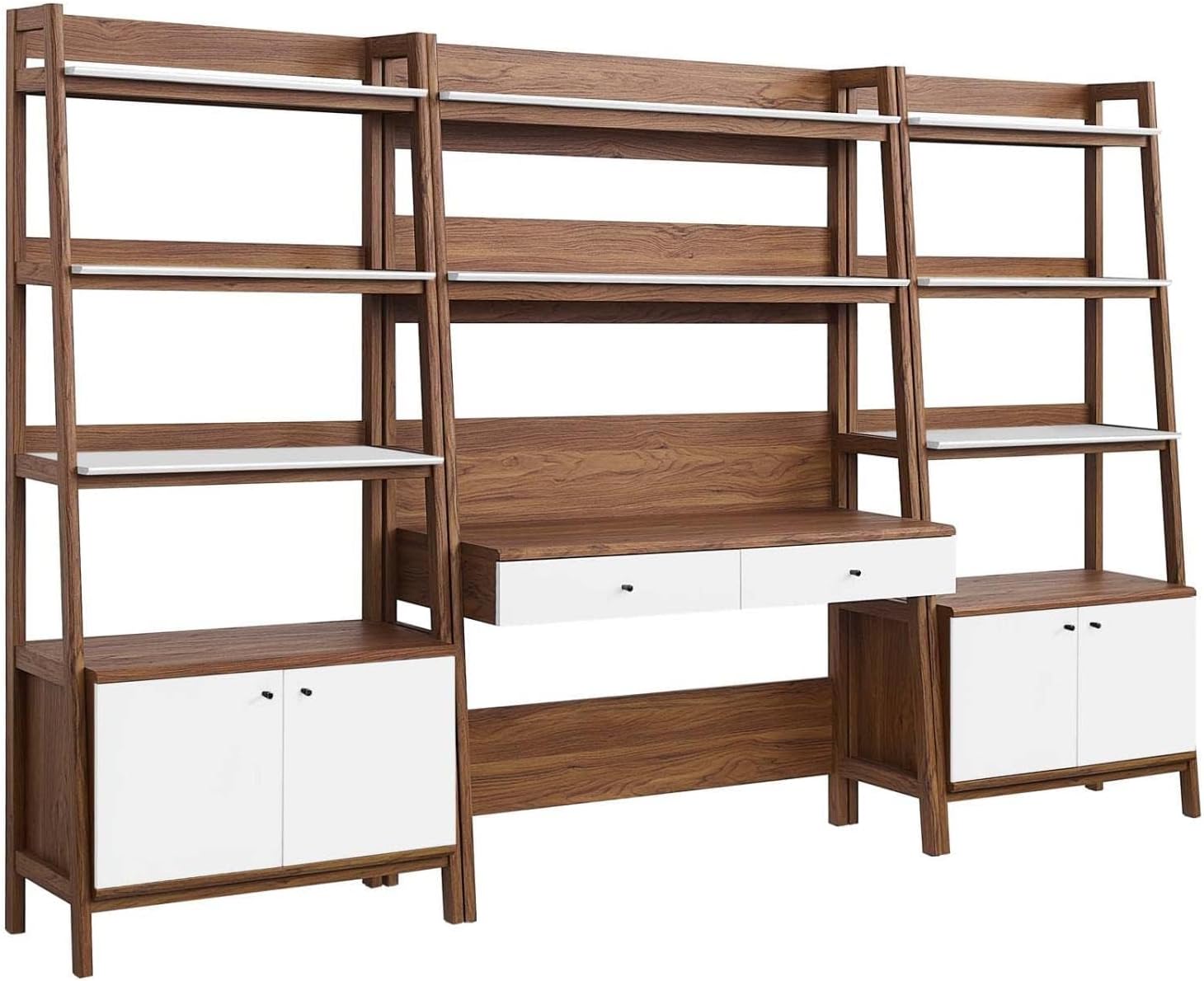 Modway 3-Piece Home Office Desk and Bookshelf Display Case in Walnut White