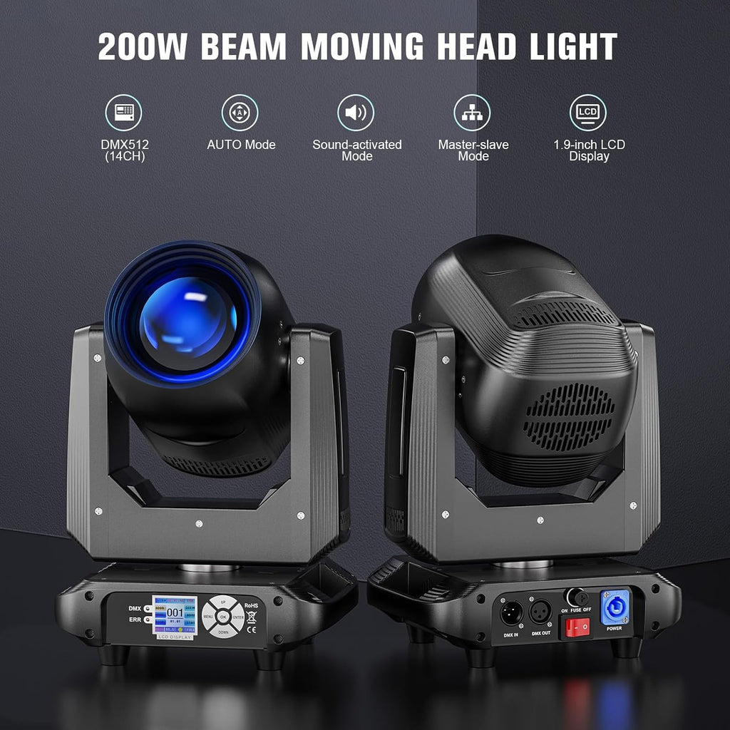 200W LED Moving Head Stage Lighting 5 Mode 10 Colors 14 GOBO 18 Prism DJ Light 14CH RGBW 4in1 Controlled By Scene Auto Sound Master-Slave DMX Moving Head Light DJ Lights for Party Club Church Show