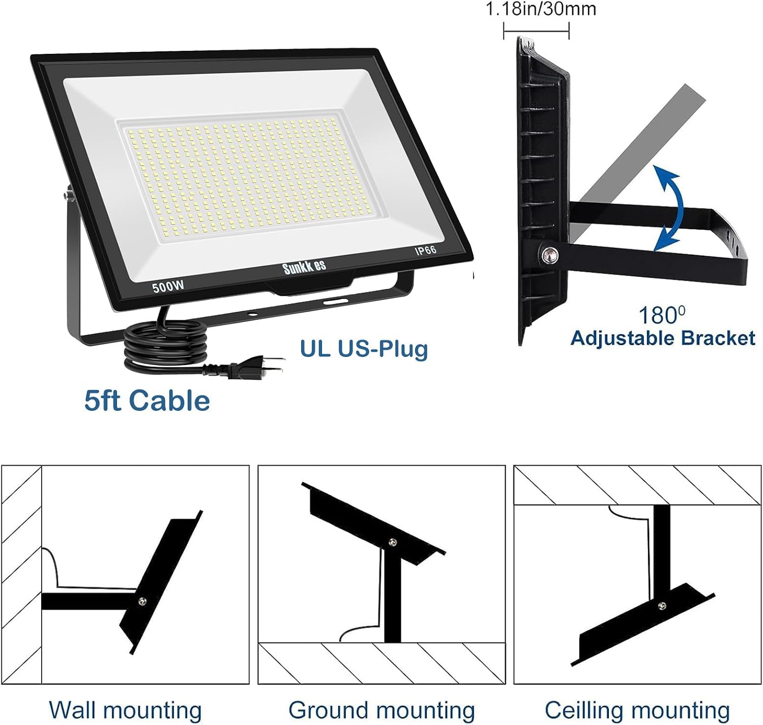 500W LED Flood Lights Outdoor 2 Pack, IP66 Waterproof, 6000K Daylight White Security Lights Outside Bulb, Exterior Wall Lights for Yard Stadium Garden
