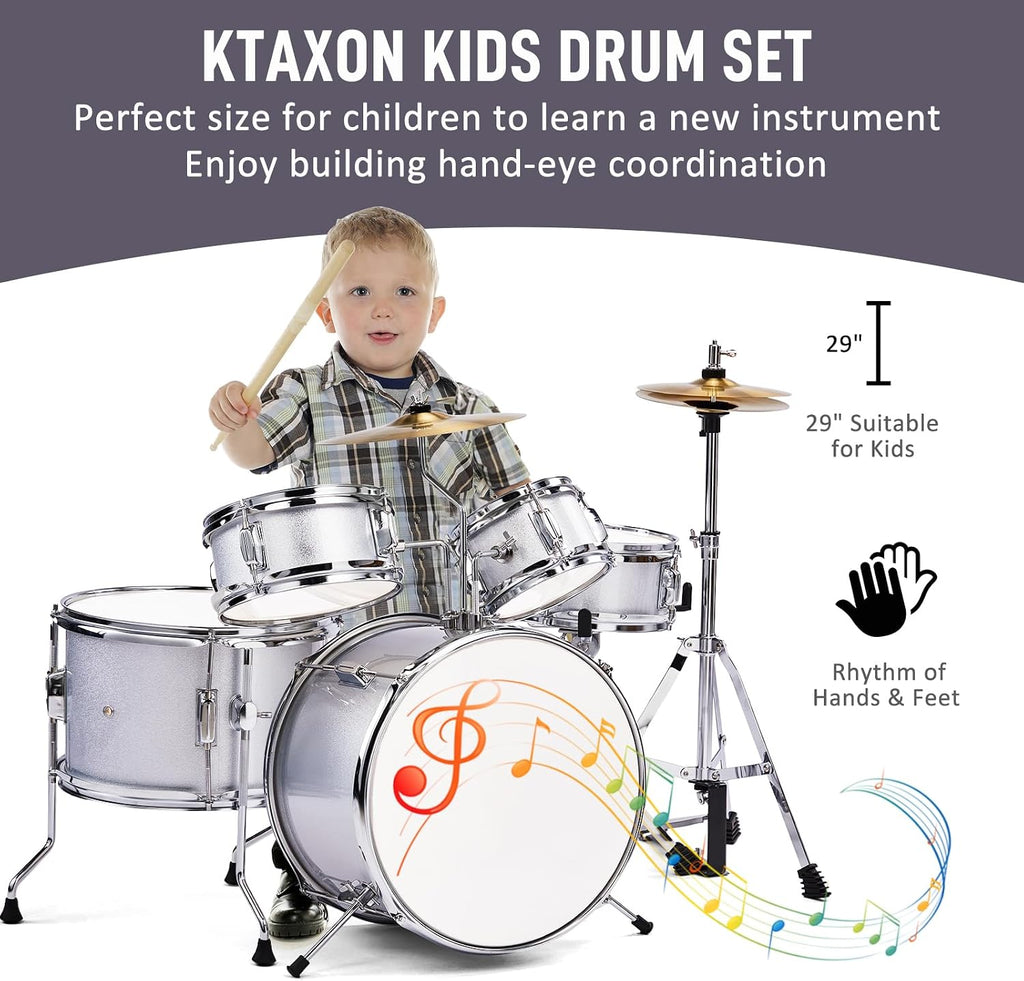 Ktaxon 5-Piece Complete Junior Drums Set, 14 Inch Beginners Drum Kit with Throne Stool, Pedal & Drumsticks, Drums Musical Instruments W/Cymbal, Hi-Hat, Floor, Tom and Snare Drum (Silver)