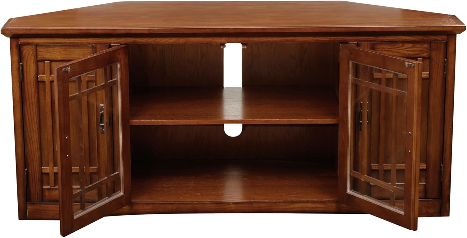 Leick Home 60 in Corner TV Stand, Solid Wood, Adjustable Shelves, Easy Assembly, Mission Style, Blackened Hardware, Medium Oak, 56 in W x 20 in D x 25 in H, 82386