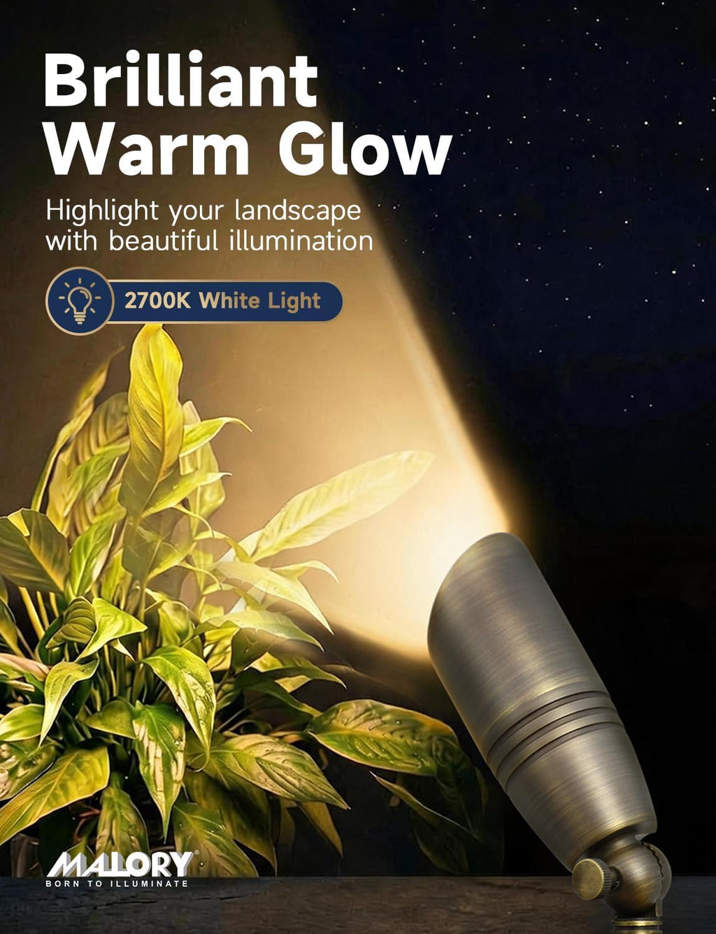 MALORY Brass Landscape Spotlights 4-Pack with Bulb Kit(S02), Low Voltage 12V AC/DC LED Outdoor Spot Uplights for House and Tree,PVC Ground Stake and Wire Connector Included, 5W 2700K Warm White
