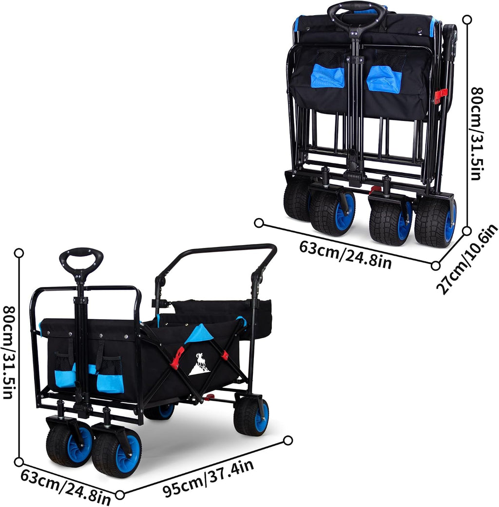 Folding Utility Wagon Heavy-Duty Collapsible Garden Cart with Brakes & Adjustable Handle & All Terrain Wheels for Gardening, Beach Trips,Outdoor Camping, Shopping (Black Blue)