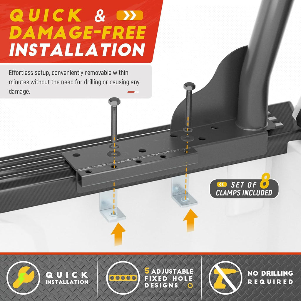 Model X31-J Truck Ladder Rack 800Ibs Capacity with (8) Non-Drilling Z-Clamps Extendable Steel Pick-Up Truck Bed Ladder Rack Two-bar Set - Black