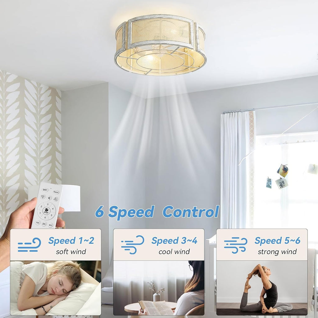 20' Boho Ceiling Fans with Lights, Rattan Ceiling Fans with Lights Remote Control, Flush Mount with 6 Speeds for Bedroom, Nursery, Living Room