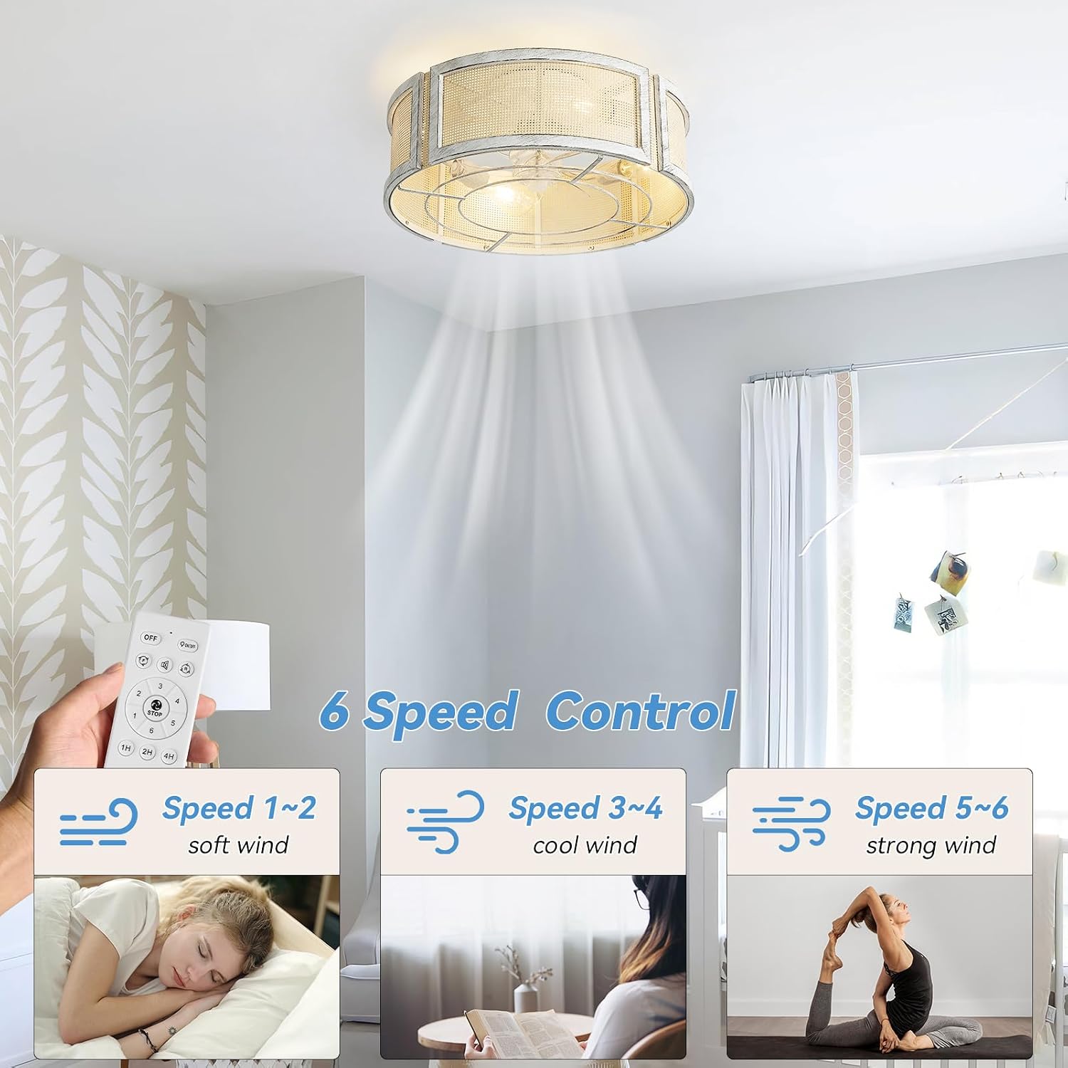 20' Boho Ceiling Fans with Lights, Rattan Ceiling Fans with Lights Remote Control, Flush Mount with 6 Speeds for Bedroom, Nursery, Living Room