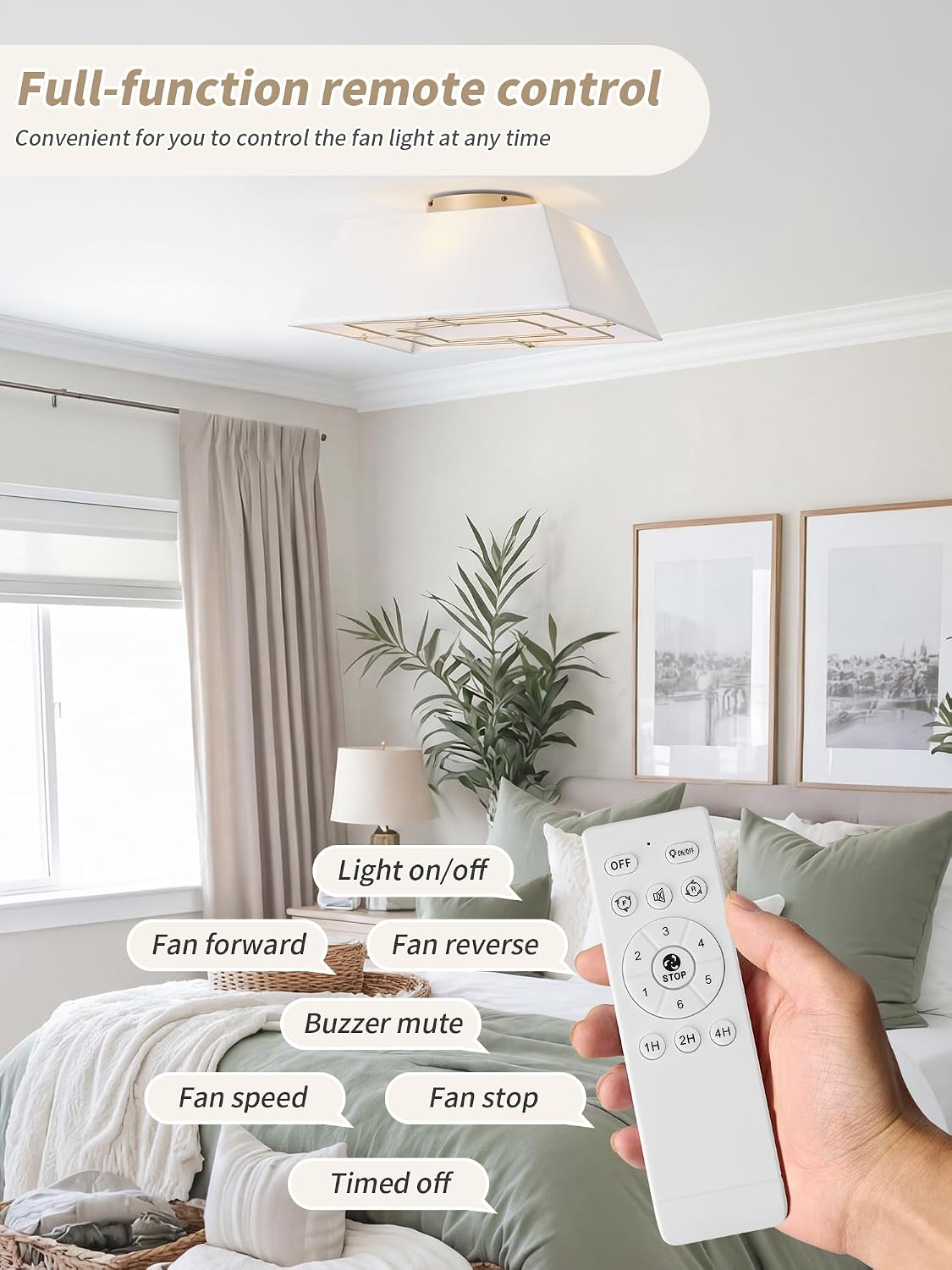 20' Boho Ceiling Fans with Lights Flush Mount, Bladeless Ceiling Fan with Light Remote Control, Square with 6 Speeds for Bedroom, Living Room, Nursery
