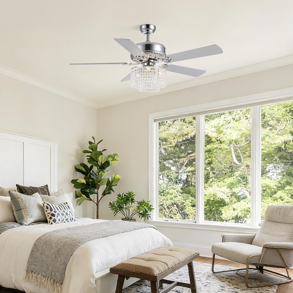 52 Inch Crystal Ceiling Fan with Light and Remote, Modern Reversible Chandelier Fan with Wood Blades, Elegant Fandelier Ceiling Light Kit for Bedroom Dining Room Living Room, Chrome