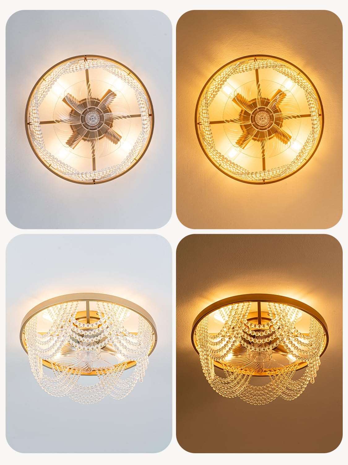 Dawn Whisper 20 Inch Gold Fandelier Ceiling Fans with Lights Flush Mount Low Profile Crystal Chandelier Fans for Bedroom Kids Room