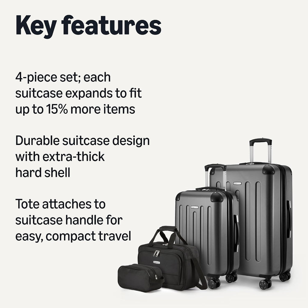 Amazon Basics 4-Piece Luggage Set, Hardside Suitcases with Spinner Wheels (22' Carry On & 28' Checked), Tote Bag & Travel Bag, Black